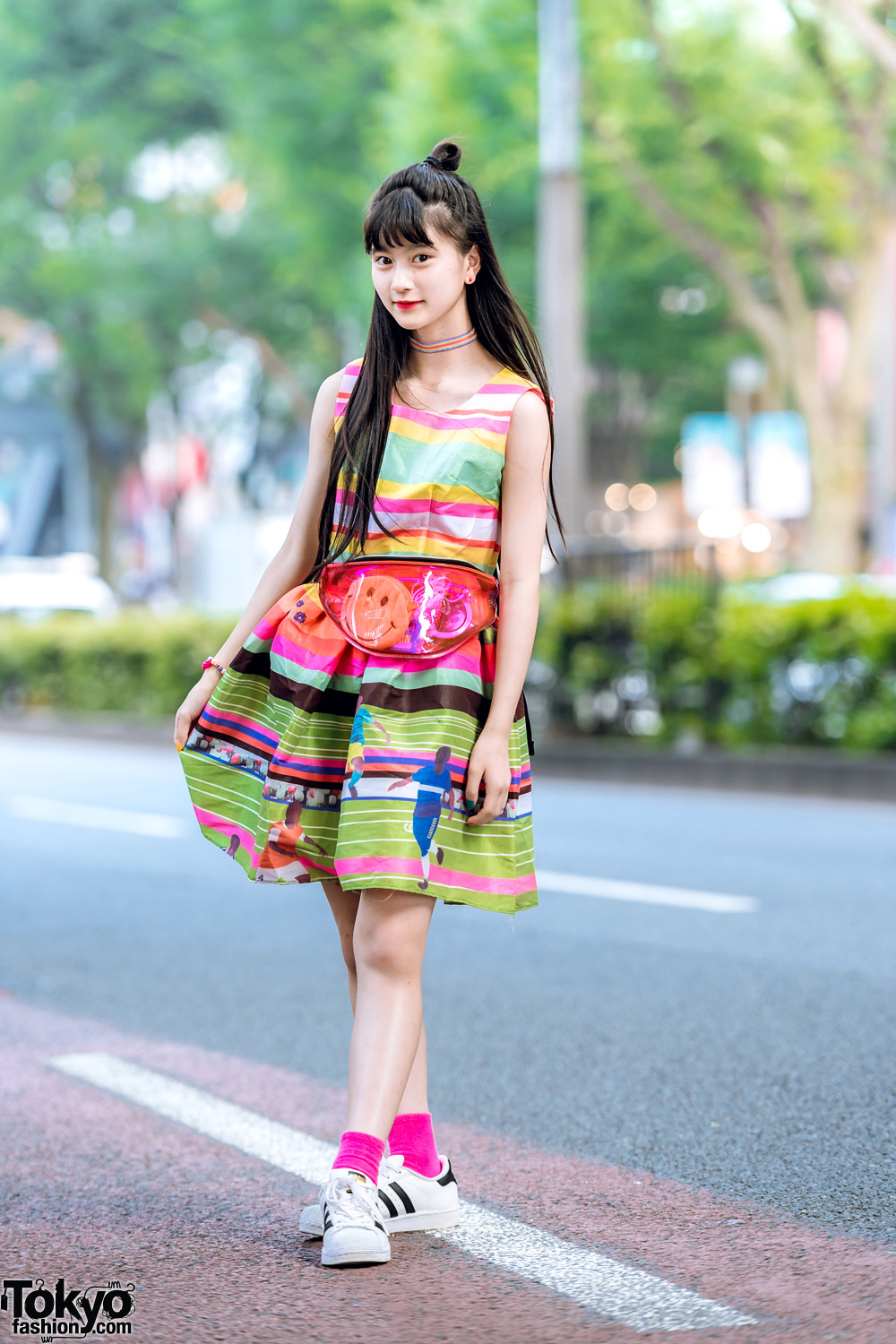 Japanese Pop Idol & Model A-pon in Harajuku w/ Colorful Dress, Adidas Sneakers & Spinns See Through Waist Bag