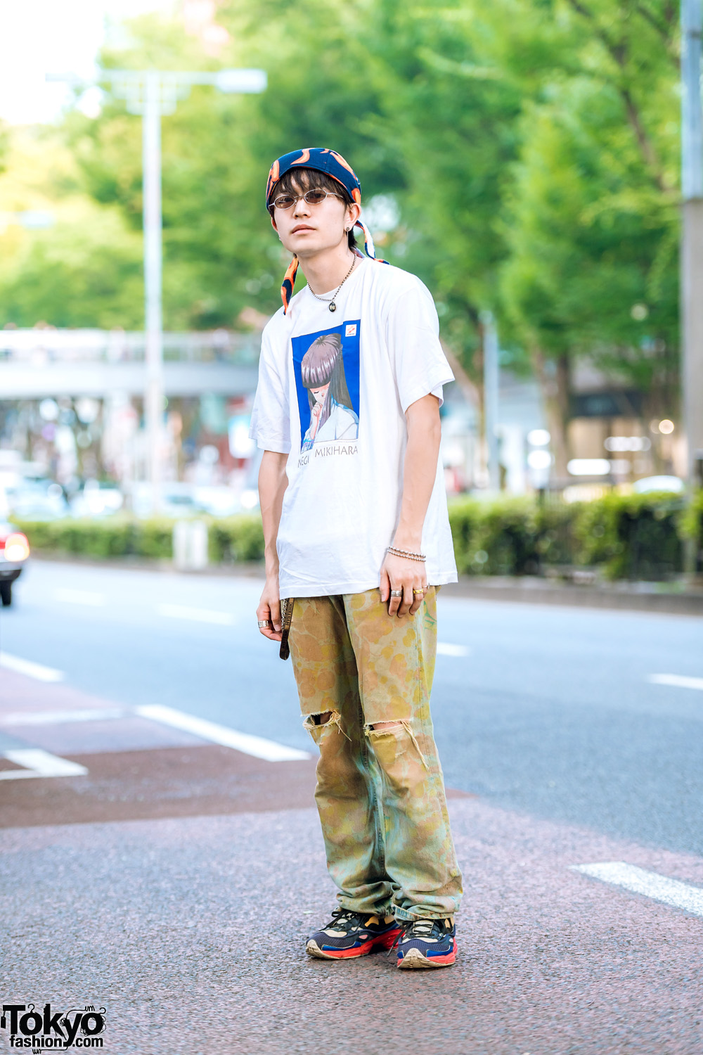 Casual Style in Harajuku w/ Tokimeki Memorial Megumi Mikihara Shirt, Ripped Jeans & Raf Simons Ozweego Sneakers