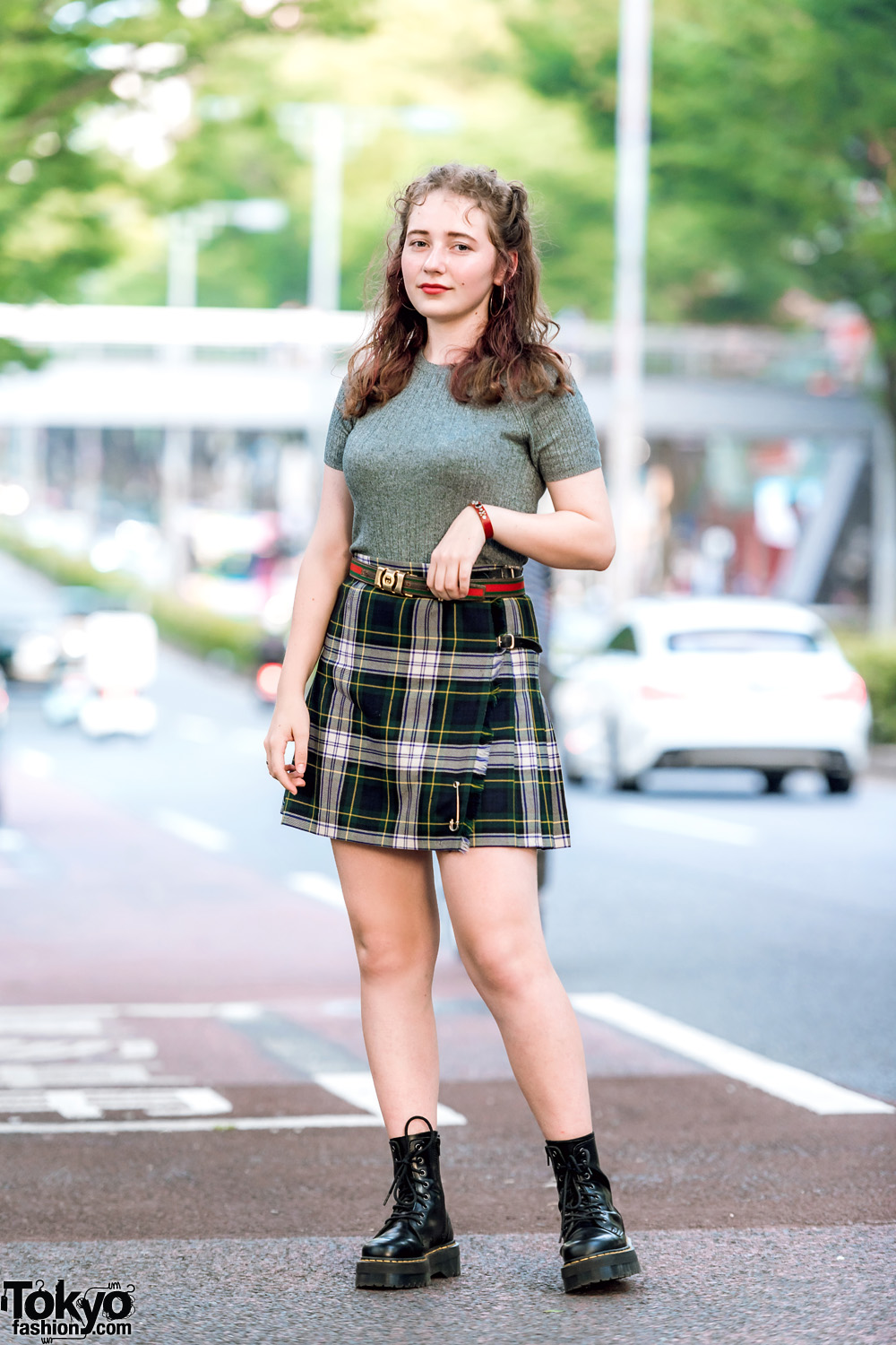 Harajuku Girl Street Style in Tiffany & Co, Gucci, H&M Ribbed Top, Plaid Wrap Around Skirt & Dr. Martens Boots
