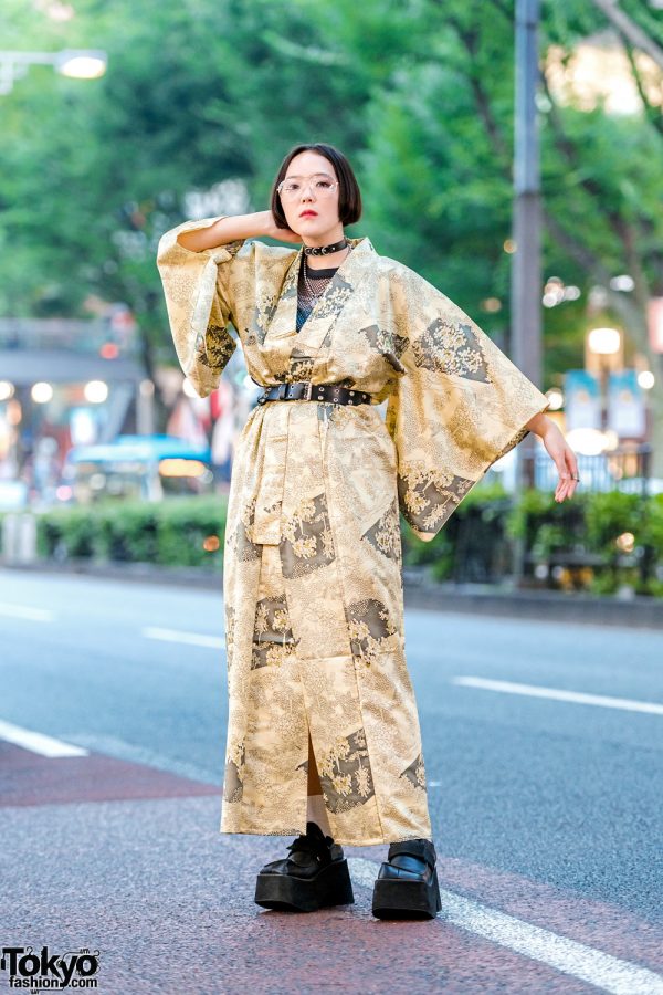 Vintage Gold Japanese Yukata Street Style w/ Platforms, Mary Quant Backpack & Another Youth Accessories