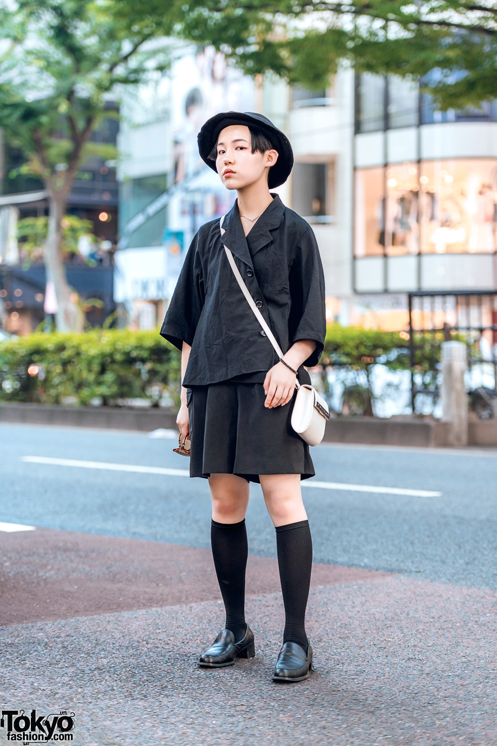 Harajuku Streetwear Style w/ Knee Socks, Loafers, Oversized Sunglasses, Hat & Jean Paul Gaultier Bag