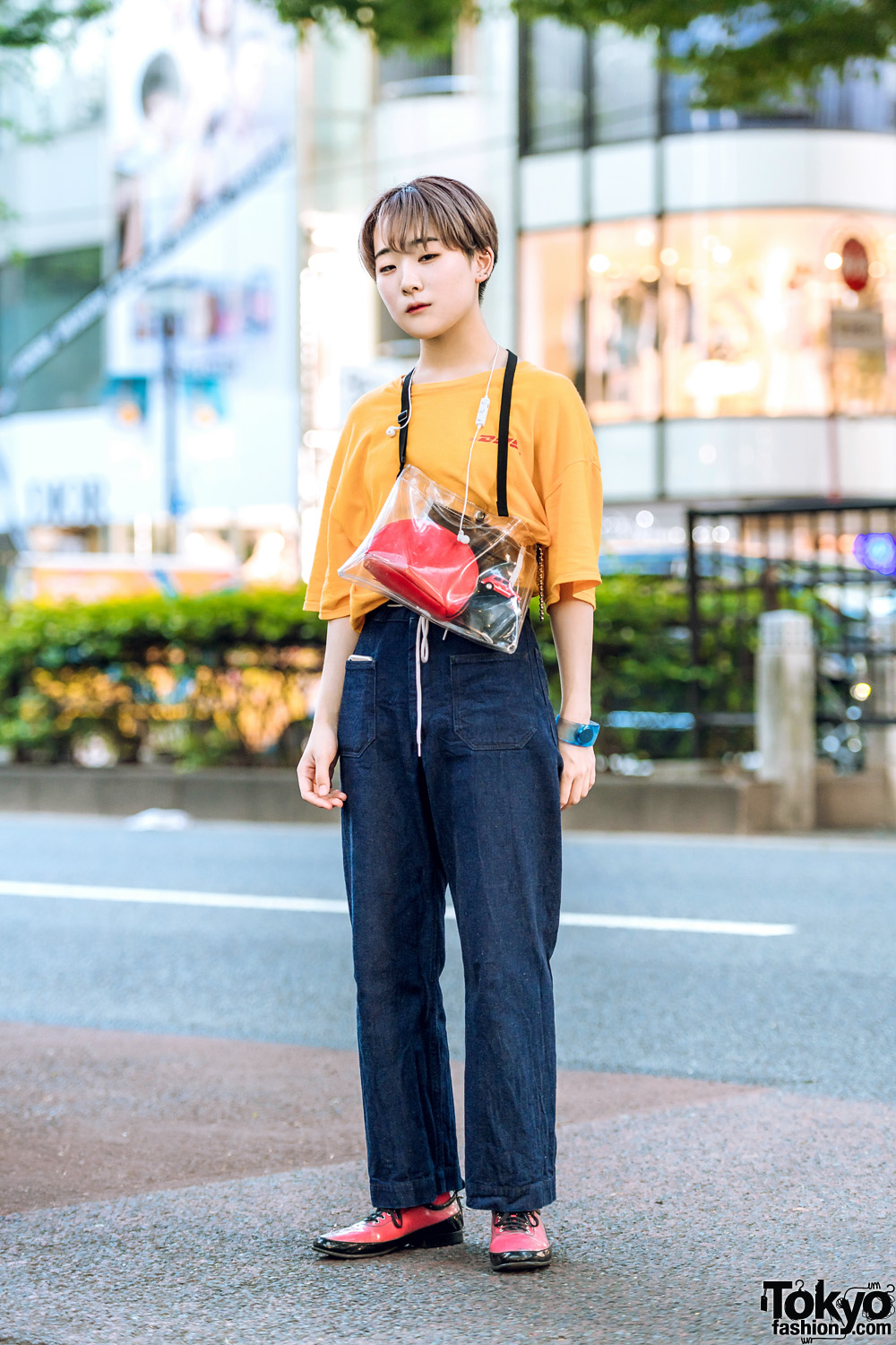 Japanese Streetwear Style w/ DHL T-Shirt, Comme des Garcons Lace-Up Shoes, Gucci Pouch & Issey Miyake Watch