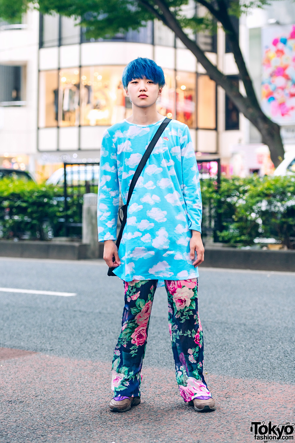 Blue-Haired Harajuku Guy in Mixed Prints Fashion w/ Office Kiko Cloud Print Sweatshirt, Dior Floral Pants, Nike & Yoko Fuchigami