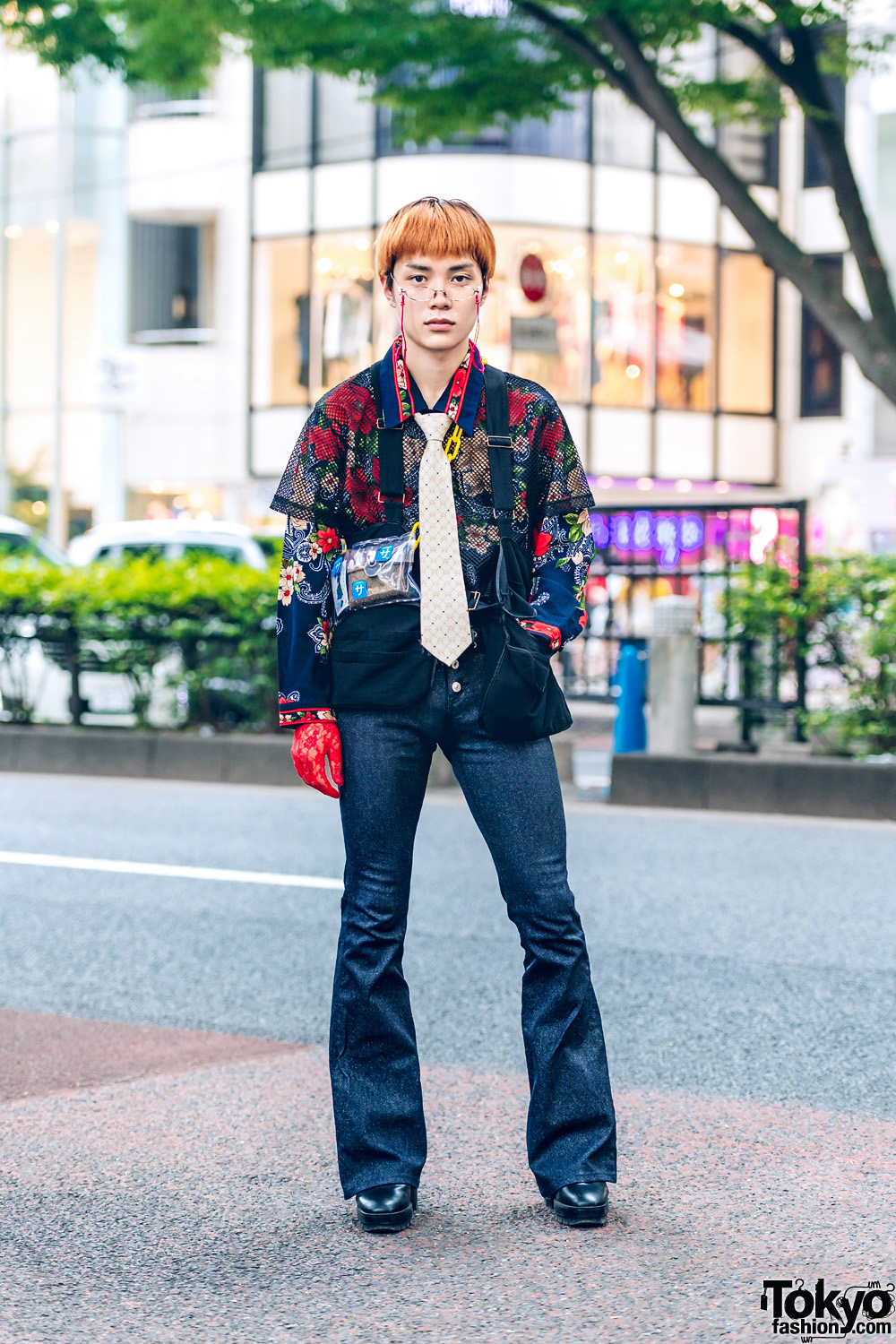 Harajuku Guy w/ Floral Print Top, Printed Necktie, Flared Jeans, Black Boots & Red Floral Lace Gloves