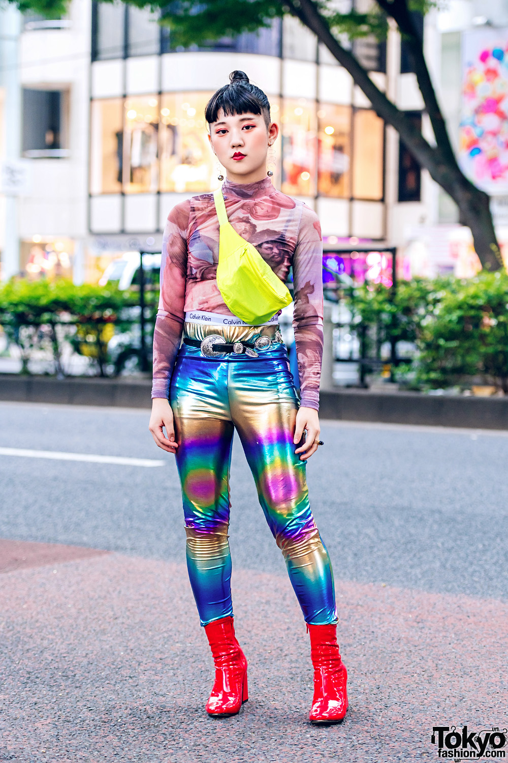 Harajuku Girl w/ Nodress Graphic Top, Metallic Pants, Neon Yellow Bag & Red Boots