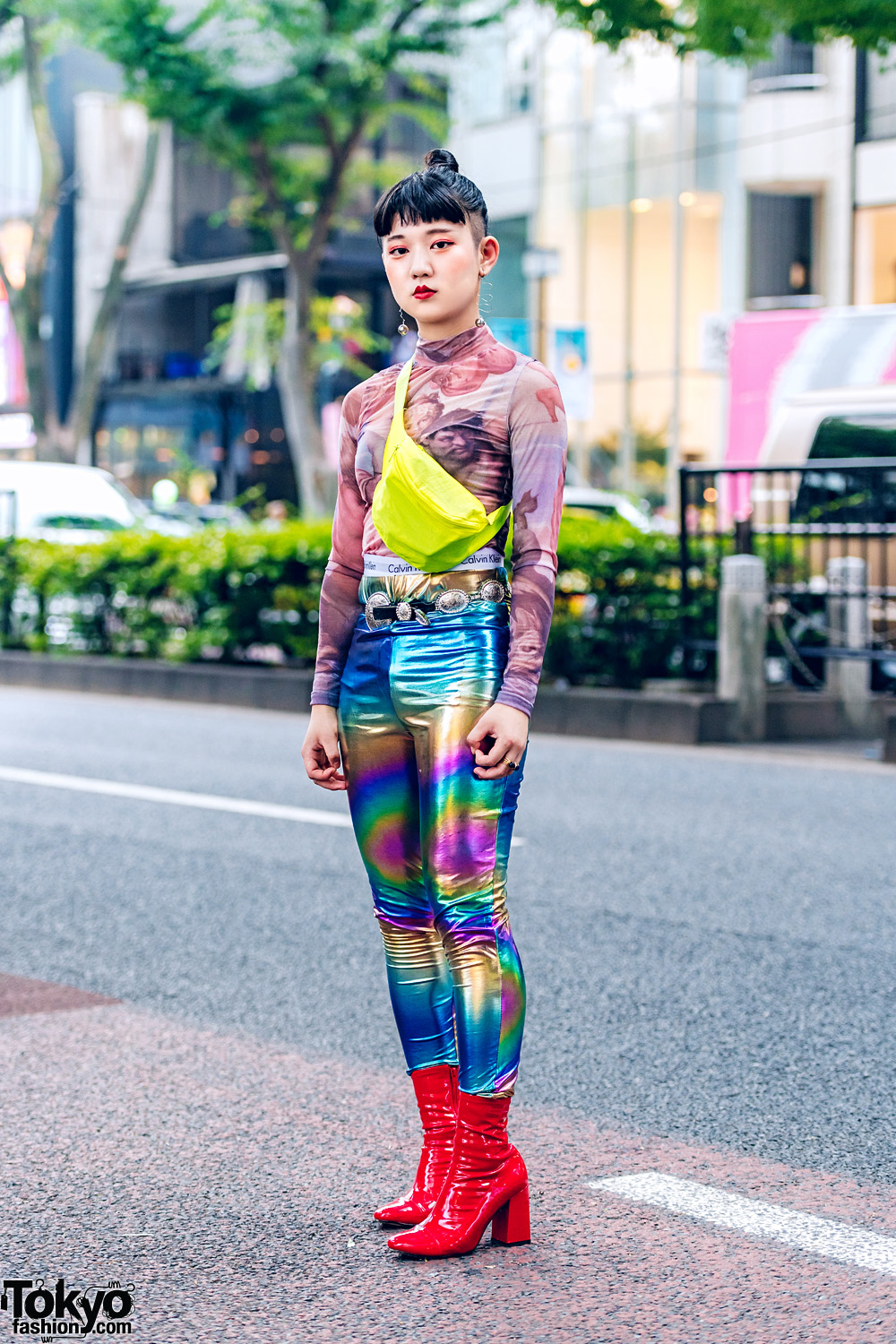 Harajuku Girl w/ Nodress Graphic Top, Metallic Pants, Neon Yellow Bag ...