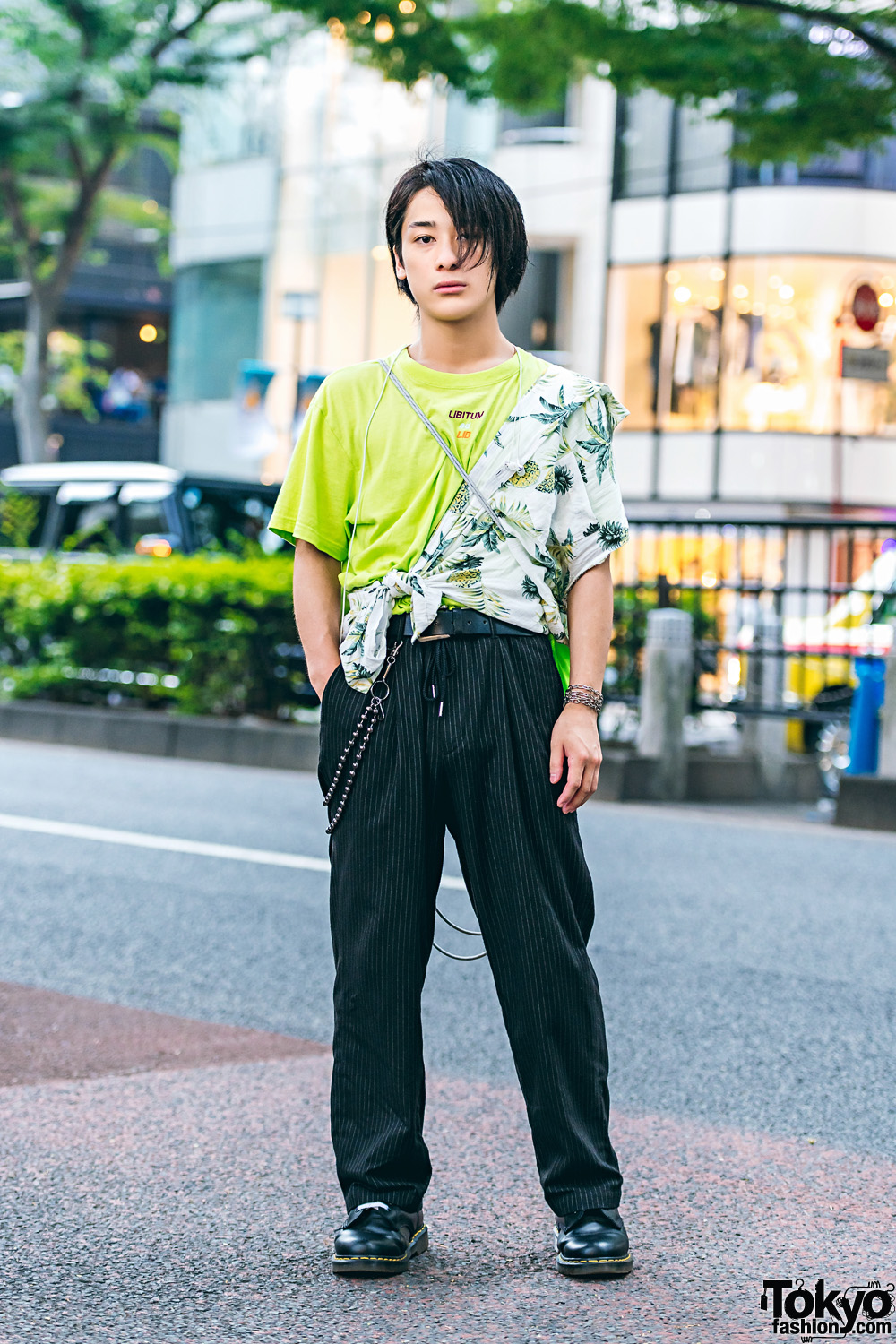 Tokyo Streetwear Style w/ Neon Green Shirt, Hawaiian Print Top & Pinstripe Pants