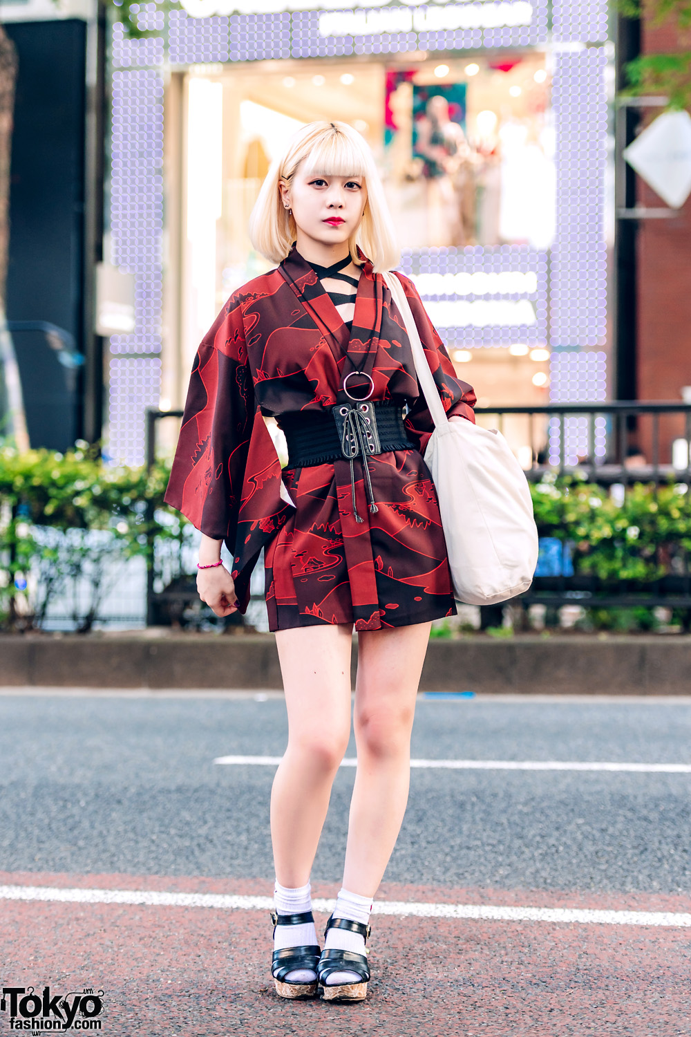 Japanese Kimono Dress Street Style w/ Liz Lisa, Corset Belt, Strappy Sandals & Canvas Bag