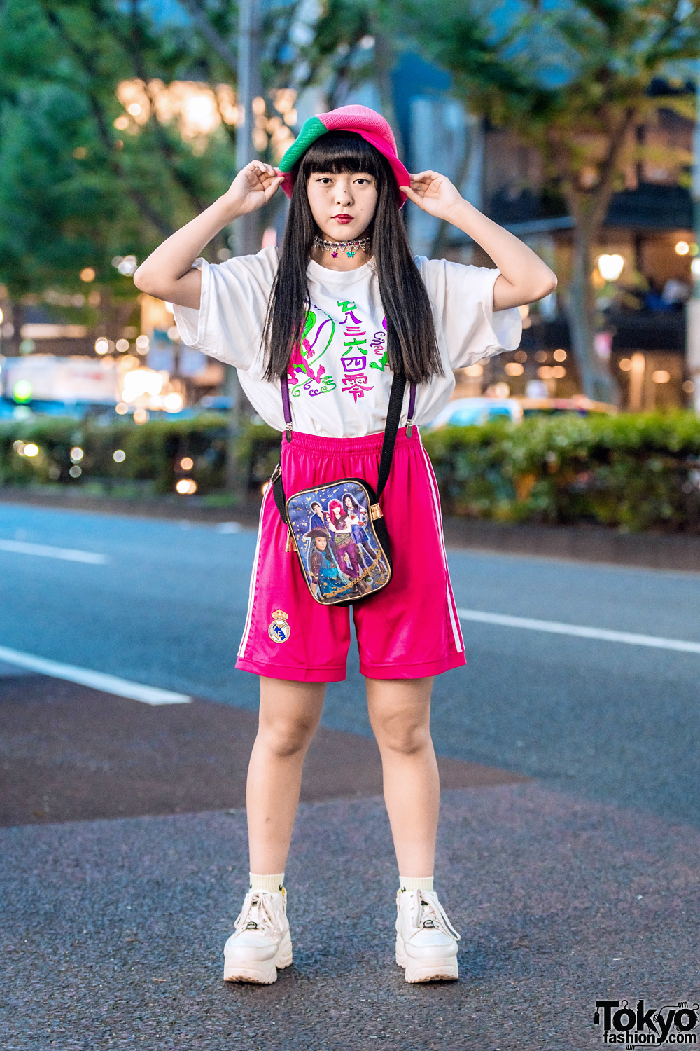 Sporty Harajuku Street Style w/ Mesh Newsboy Cap, Kobinai T-Shirt, Yosuke Sneakers & Thank You Mart Sling Bag