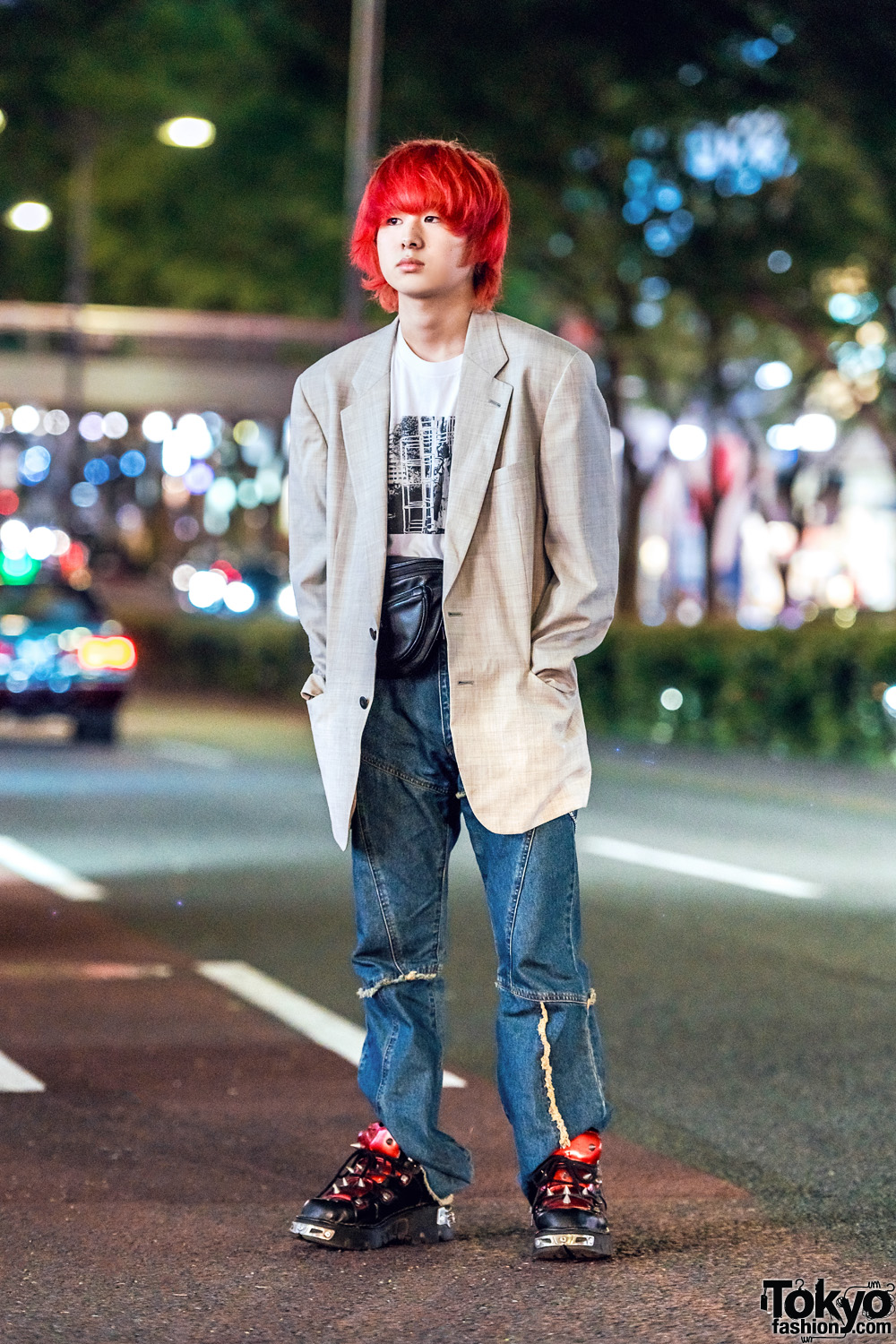 Casual Harajuku Street Style w/ Valentino Blazer, Nogizaka T-Shirt, New Rock Spiked Sneakers & Oh Pearl Tokyo Waist Bag