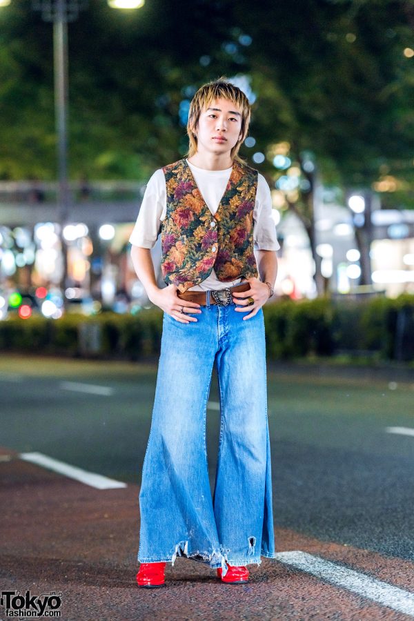 Harajuku Guy’s Retro Vintage Street Fashion w/ Floral Vest, Flared Jeans, Beauty:Beast & Banal Chic Bizarre Heeled Boots