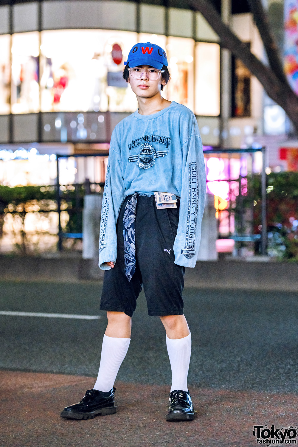 Casual Streetwear Style in Harajuku w/ Harley Davidson Sweatshirt, Puma Shorts, Rombaut Shoes & Walter Van Beirendonck