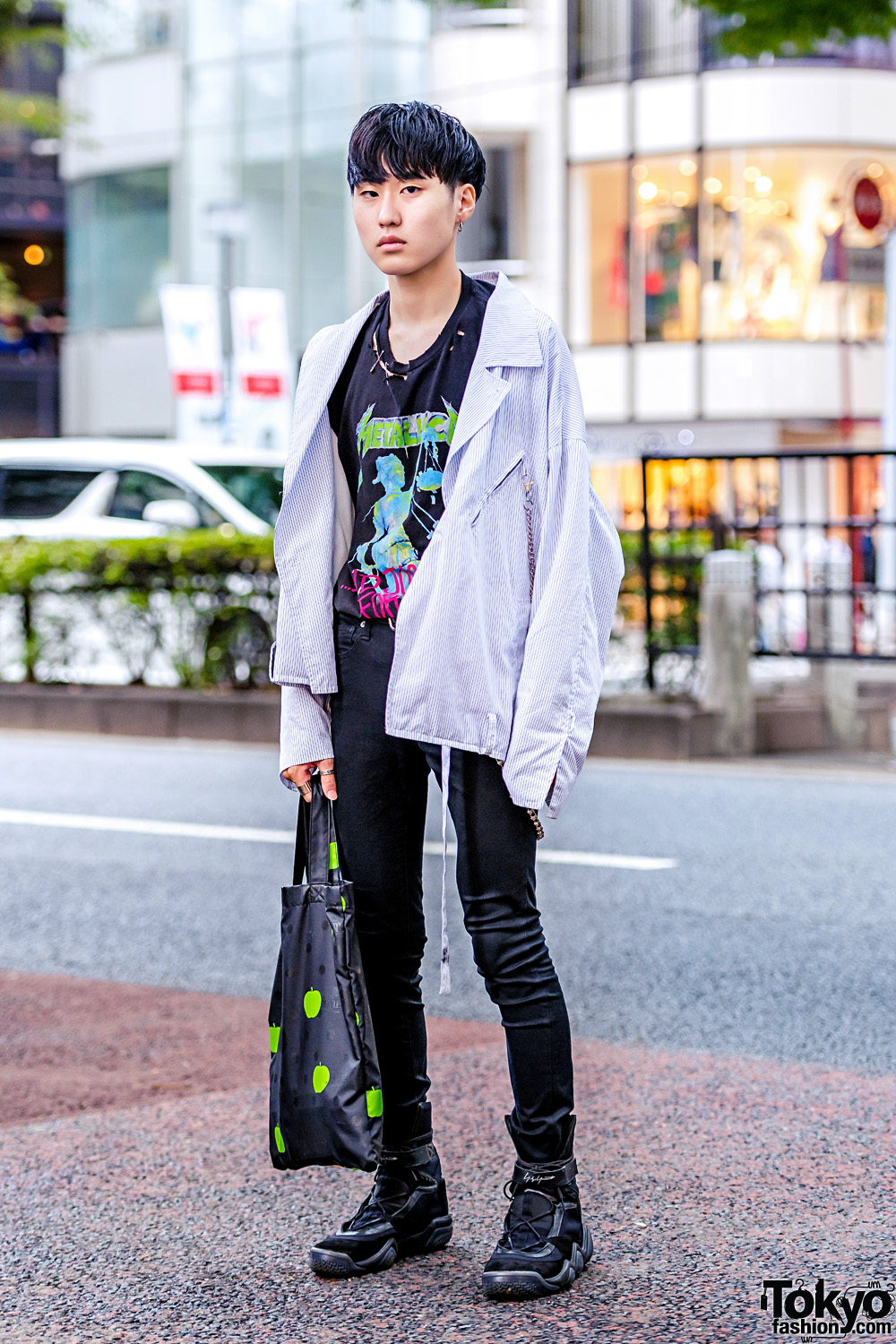 Harajuku Street Style w/ Hare Oversized Jacket, Metallica Ripped Tee, Yohji Yamamoto Sneakers & Comme des Garons The Beatles Tote