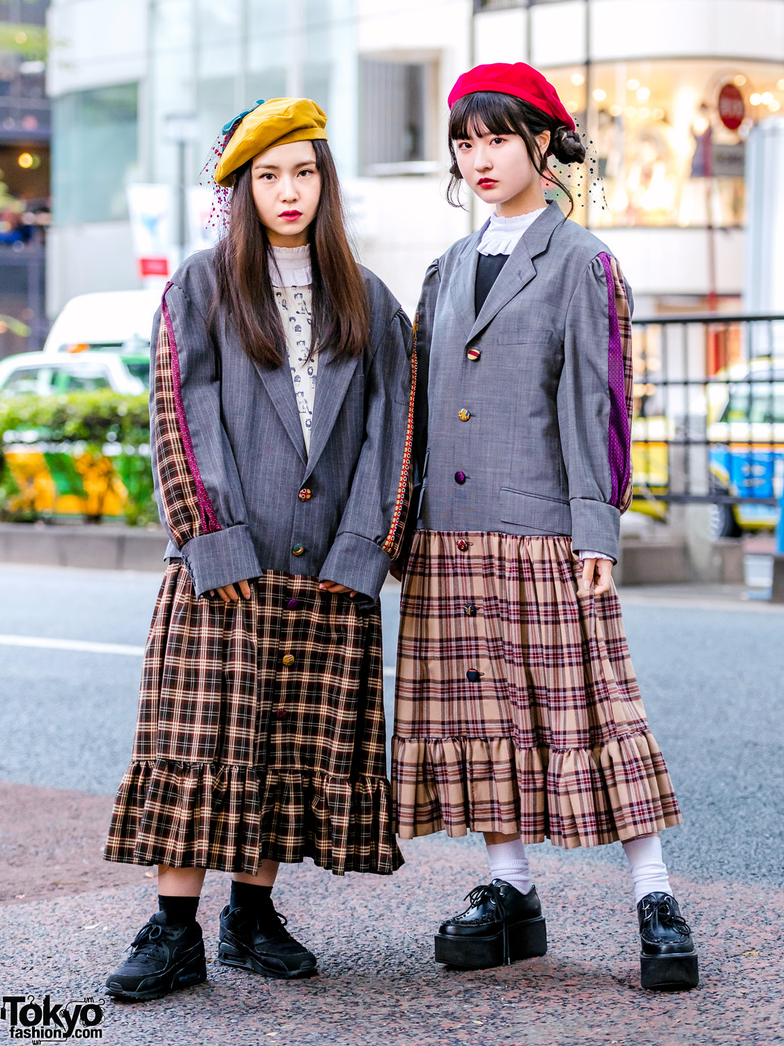 HEIHEI Harajuku Girls in Plaid Streetwear Styles w/ Blazer, Plaid Skirt Dress, Veil Berets & Yosuke