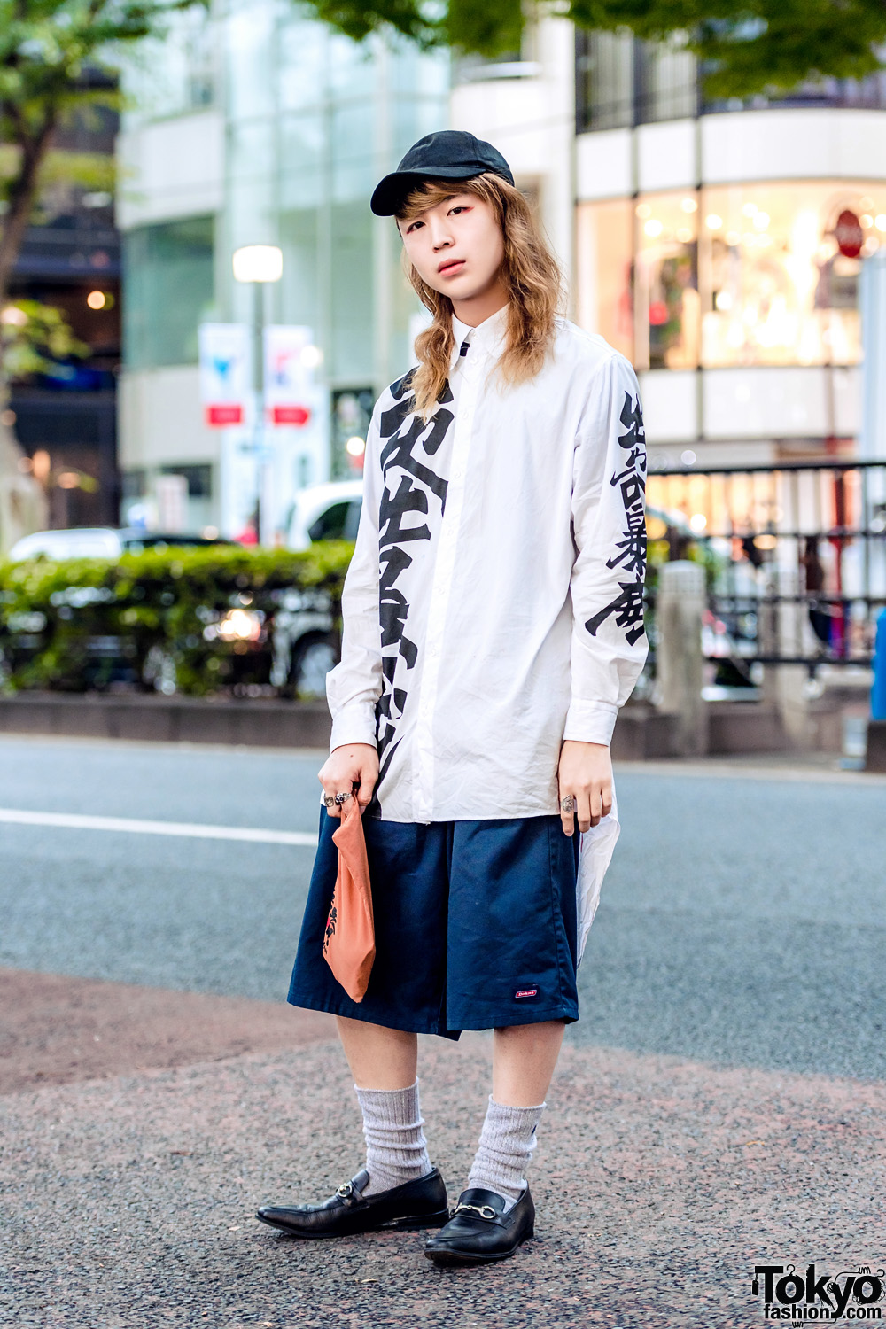 Fashion College Student in Monochrome Streetwear w/ Kansai Yamamoto Kanji Print Shirt, Dickies Shorts, Leather Loafers, Cap & Wristlet