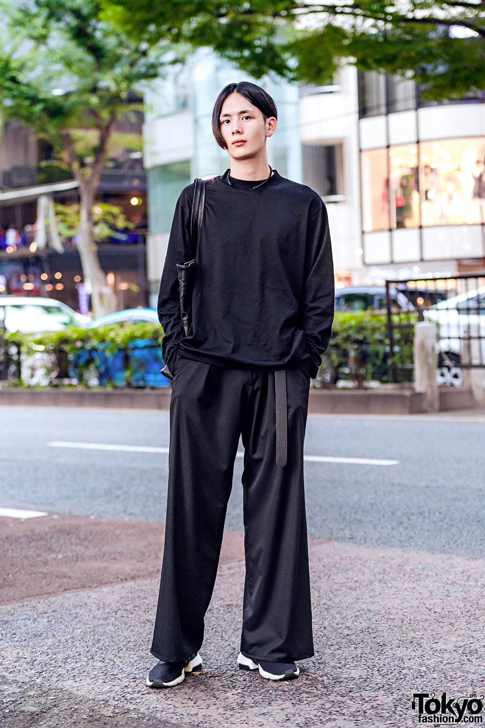 Japanese Actor in All Black Streetwear Style w/ Little Big, Sulvam, Adidas Sneakers & Studious Leather Tote