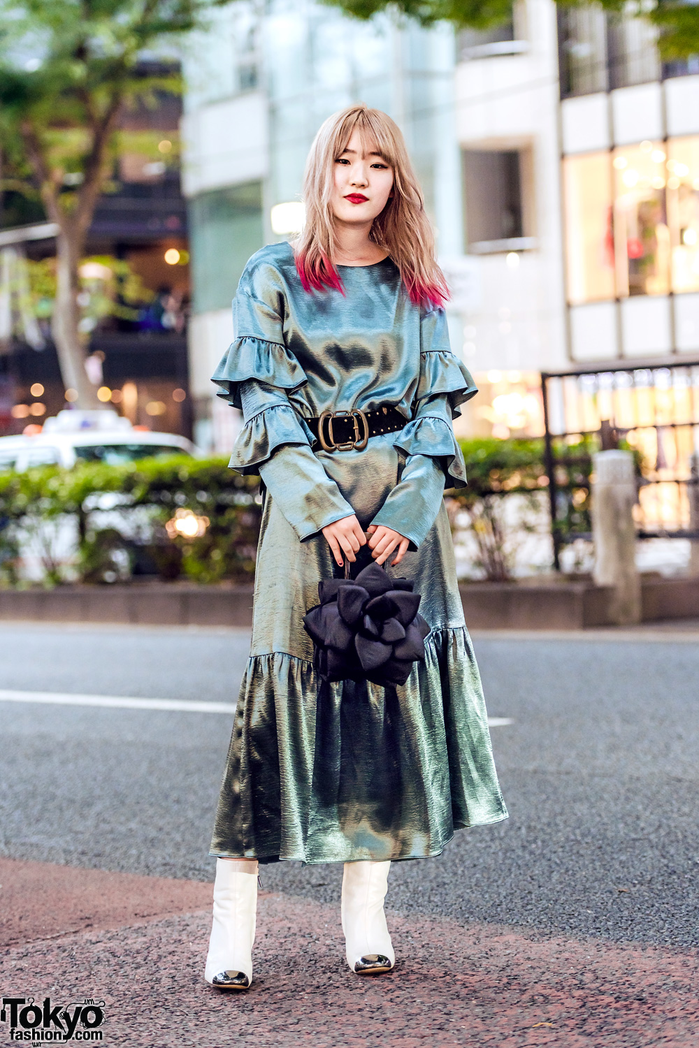 Japanese Fashion Designer Street Style w/ Red Hair Tips, lilLilly Ruffle Dress, Metal Tip Boots & Vintage Flower Petal Handbag