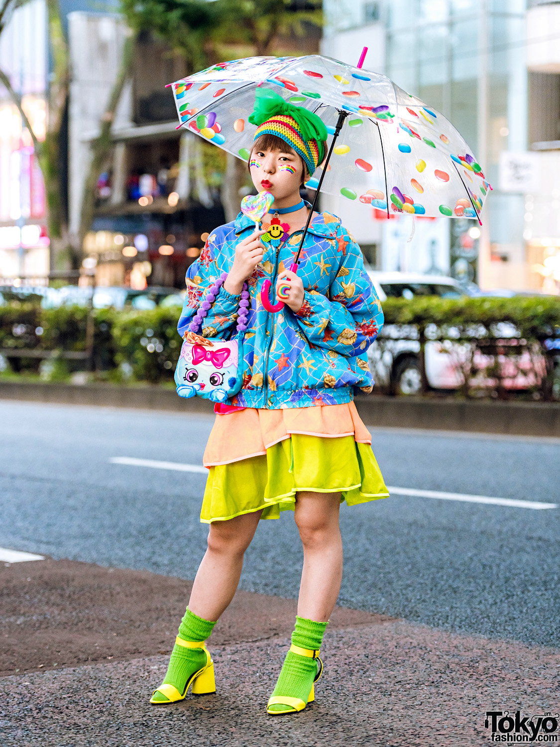 Colorful Kawaii Street Style in Harajuku w/ Printed Jacket, Handmade Ruffle Skirt, Ankle-Strap Sandals, Remake Accessories & Thank You Mart Cat Bag