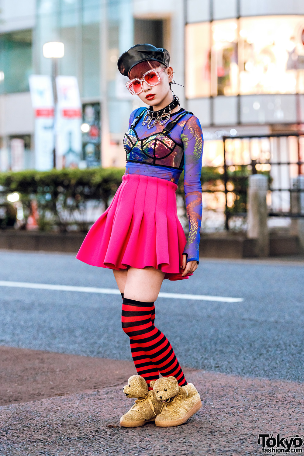 Harajuku Nailist in Dolls Kill Top, Pink Flared Skirt & Adidas x Jeremy Scott Gold Teddy Bear Sneakers