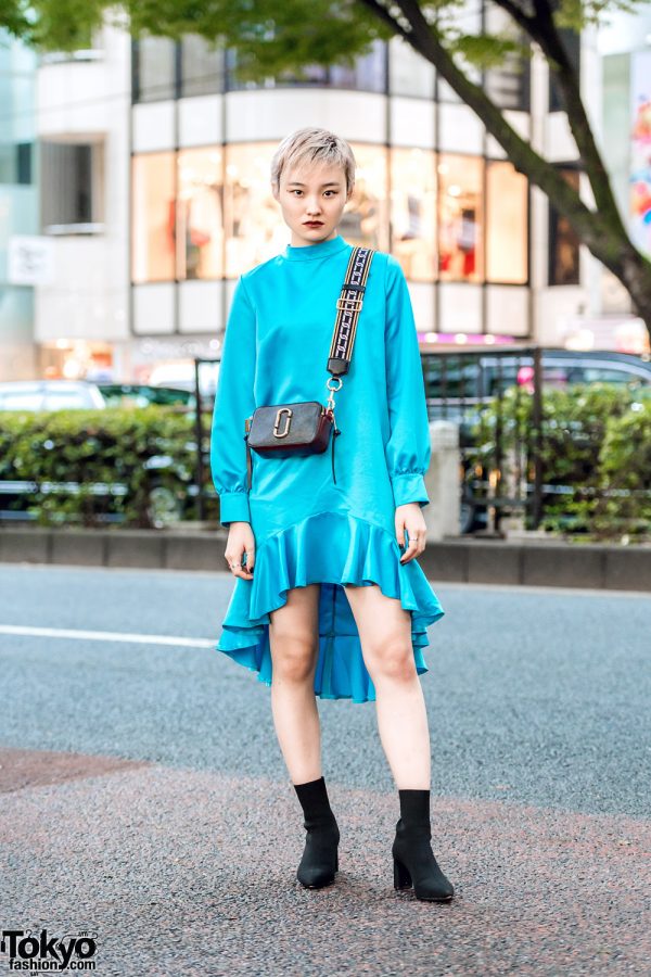 Chic Minimalist Tokyo Street Style w/ Beams Ruffle Dress, Velvet Heeled Boots & Marc Jacobs Logo Bag