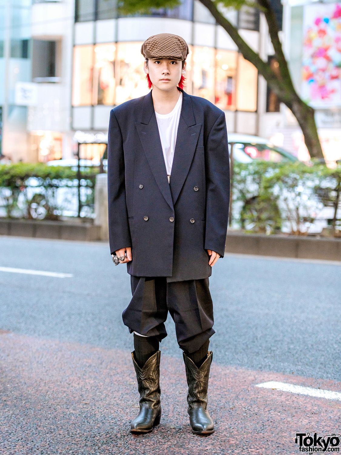 Comme des Garcons Harajuku Menswear Street Fashion w/ Checkered Newsboy Cap & Vintage Cowboy Boots