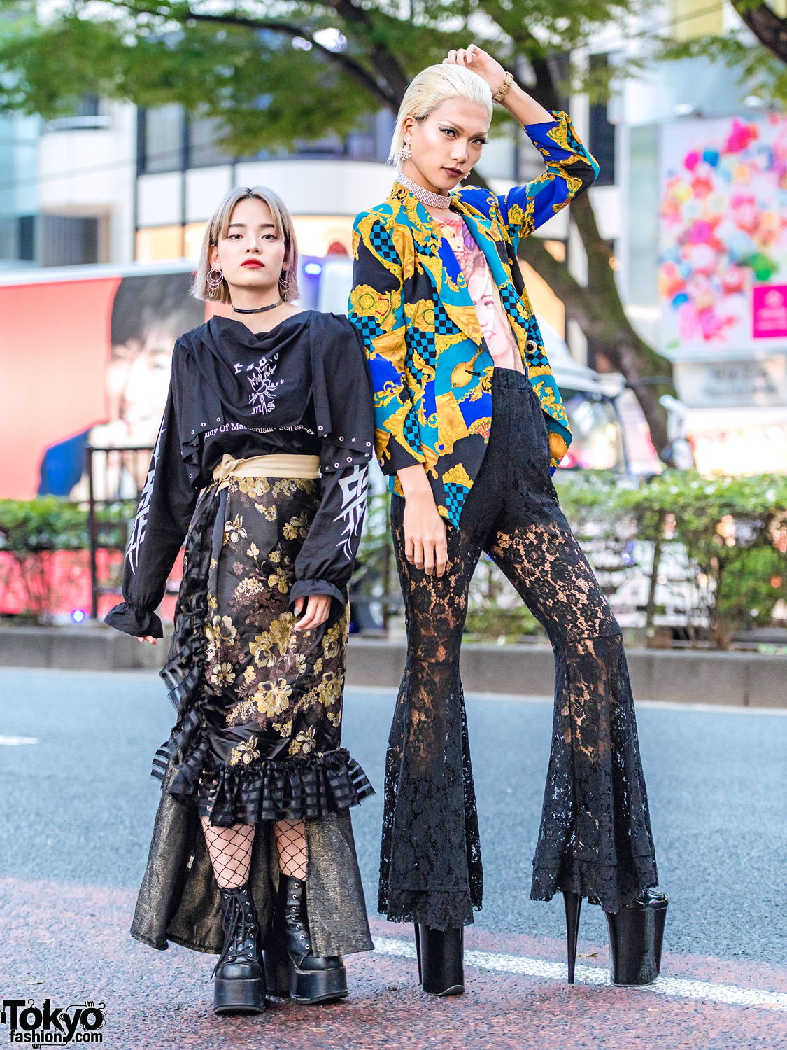 Japanese Street Styles w/ Black Floral Lace, Fishnets, M.Y.O.B., Remake Fashion, Kinji Vintage, Demonia & Pleaser Platforms