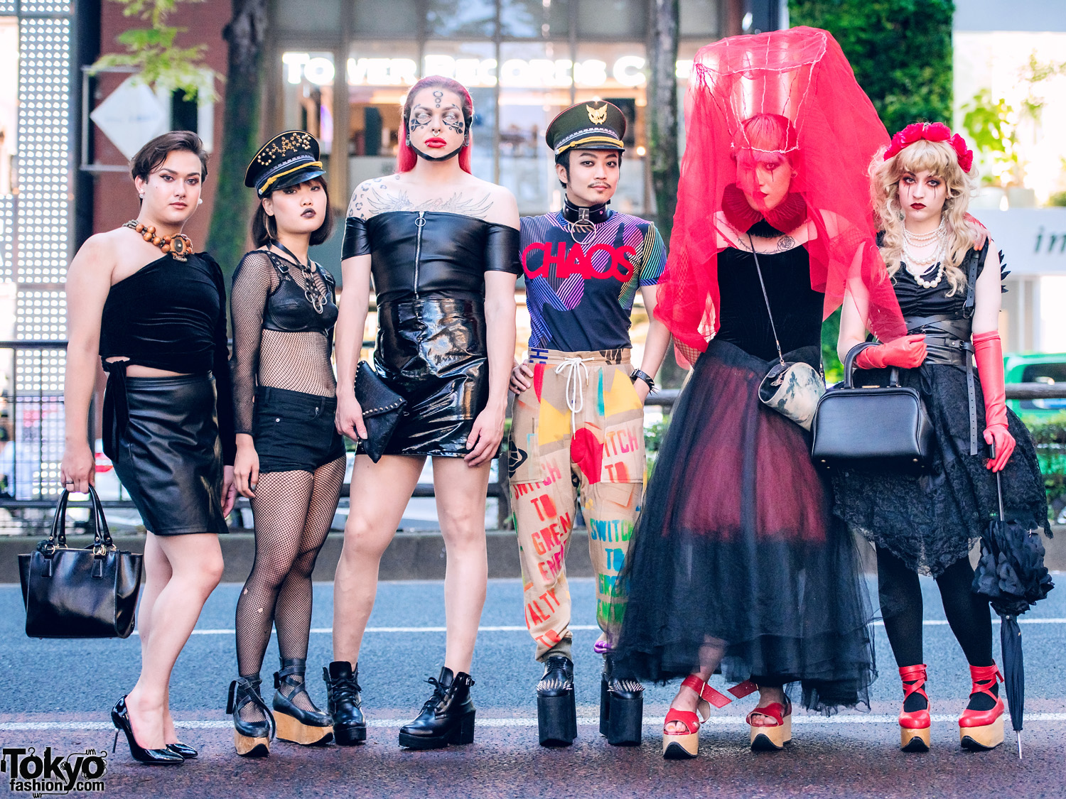 Avant-Garde Harajuku Street Styles w/ Iconic Vivienne Westwood Rocking Horse Shoes, Anglomania Chaos Top, Vintage Satchel, Red Veil, Wire Crown, Monster Shoes & Floral Headpiece