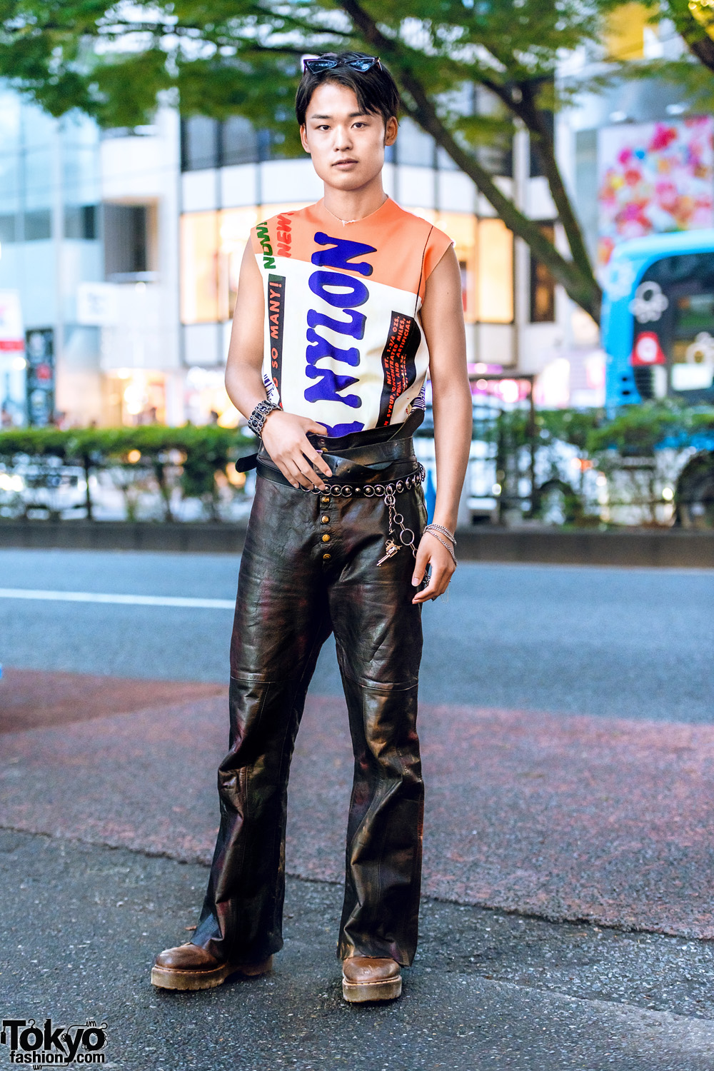 Raf Simons Graphic Top & Resale Leather Pants Harajuku Street Style