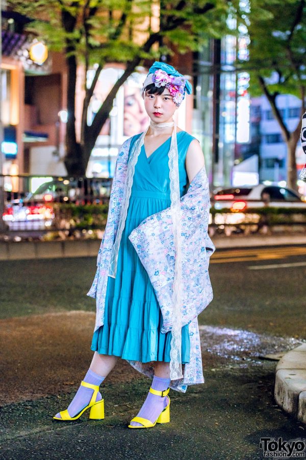 Vintage Tokyo Street Style w/ Blue Dress, Floral Kimono, Yellow Sandals & Floral Headpiece