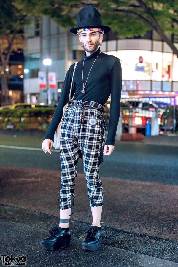 Tall Black Hat & Plaid Pants Harajuku Street Style w/ Vivienne Westwood & Monster