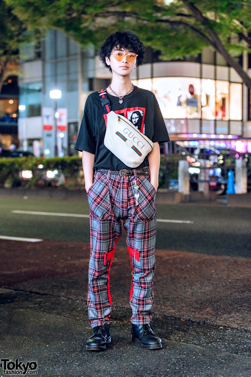 Harajuku Plaid Street Style w/ Mona Lisa Shirt, Biscuithead Bondage Pants, Gucci Waist Bag & Tiffany & Co. Heart Necklace