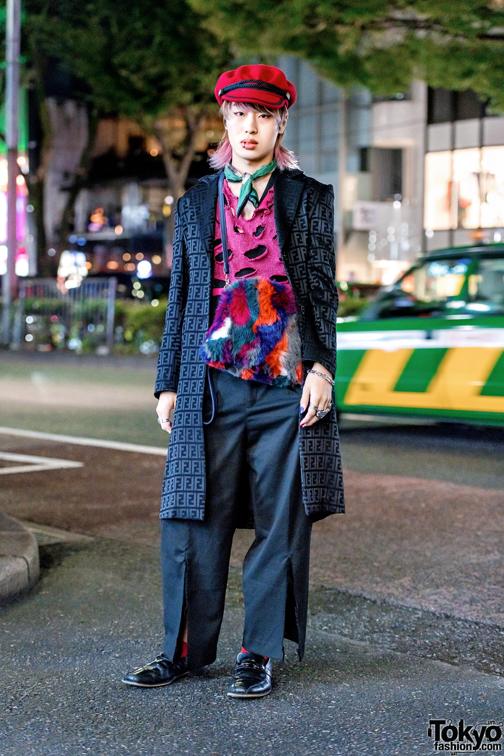 Stylish Harajuku Menswear Style w/ Fendi Coat, Distressed Top, Slit-Hem Pants, Captain's Hat & Fuzzy Sling