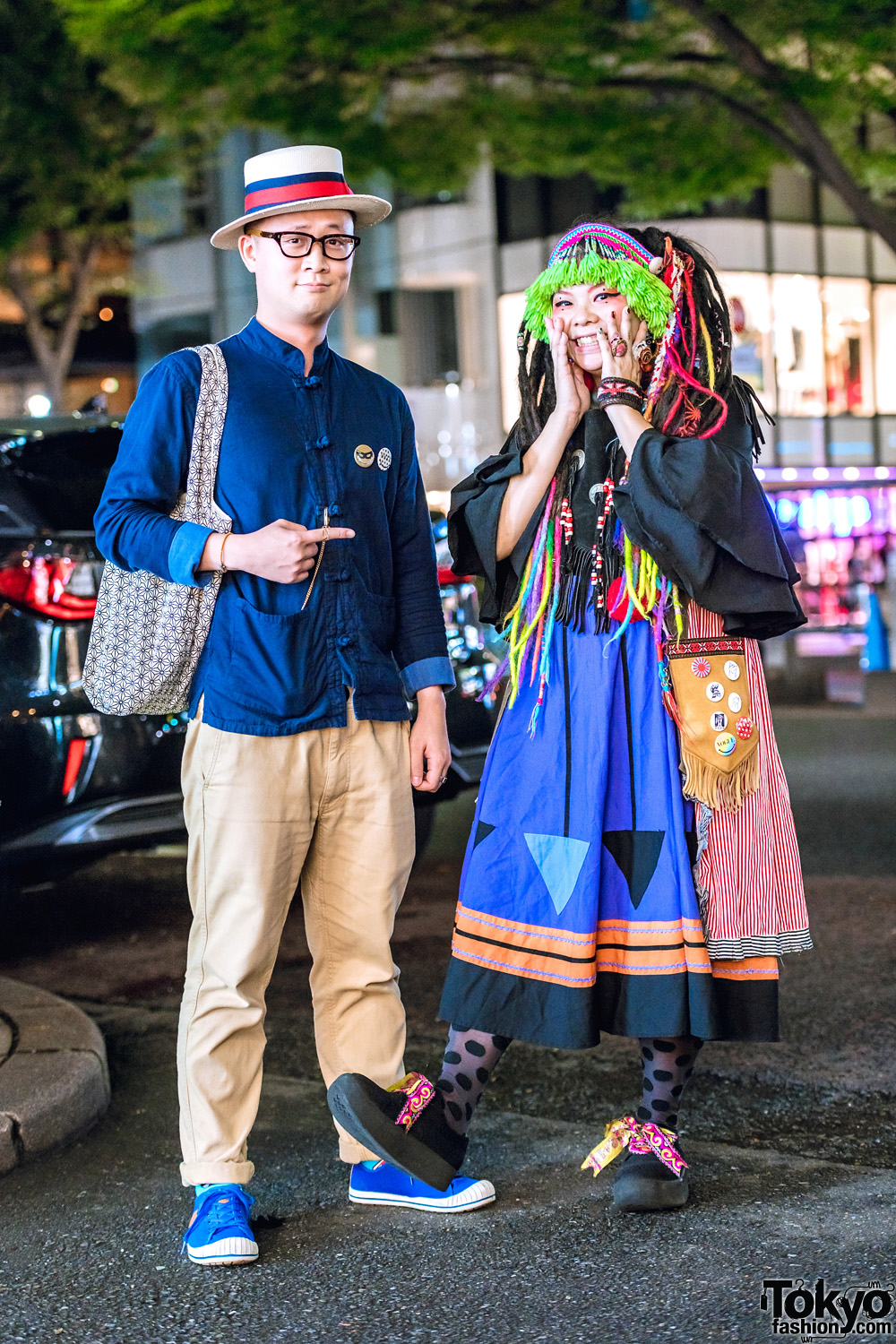 Harajuku Duo Street Styles w/ Multicolored Hair Falls, Fringed Headdress, Ruffle Dress, Mandarin Collar Shirt & Badges