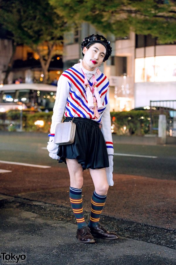 Y/Project Striped Top, Kidill Cross Necklace, Charles Jeffrey Shorts, Serpui Bag, Church’s Brogues & Sequin Hat in Harajuku
