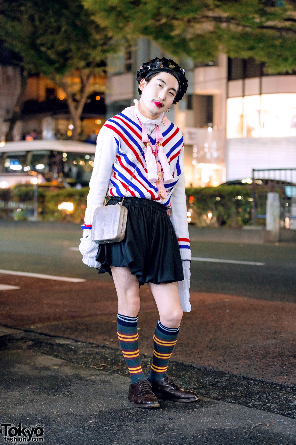 Y/Project Striped Top, Kidill Cross Necklace, Charles Jeffrey Shorts, Serpui Bag, Church’s Brogues & Sequin Hat in Harajuku