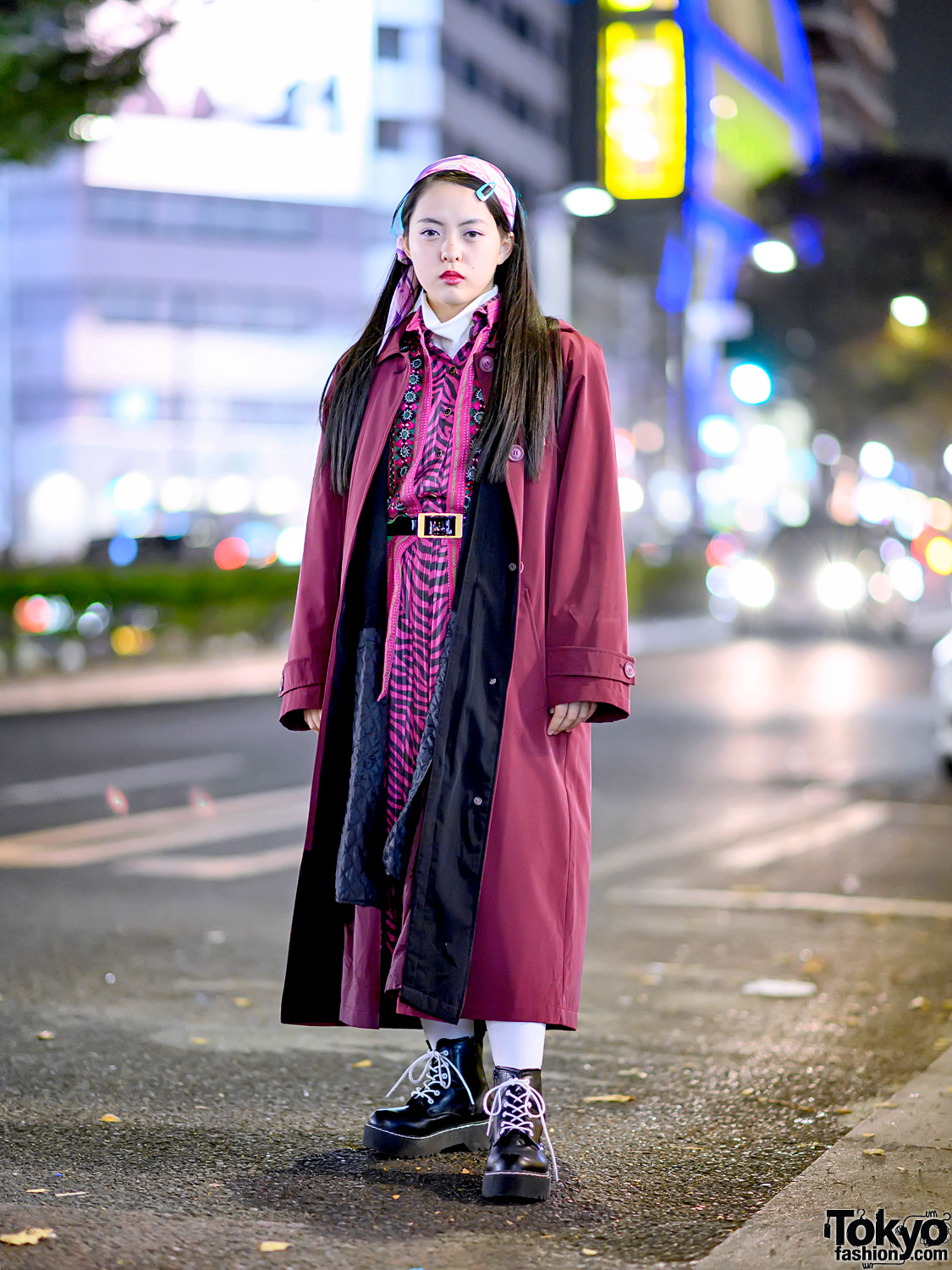Harajuku Girl in RRR Vintage Purple Coat, Vintage Animal Print Dress, Floral Vest, Headscarf & Boots