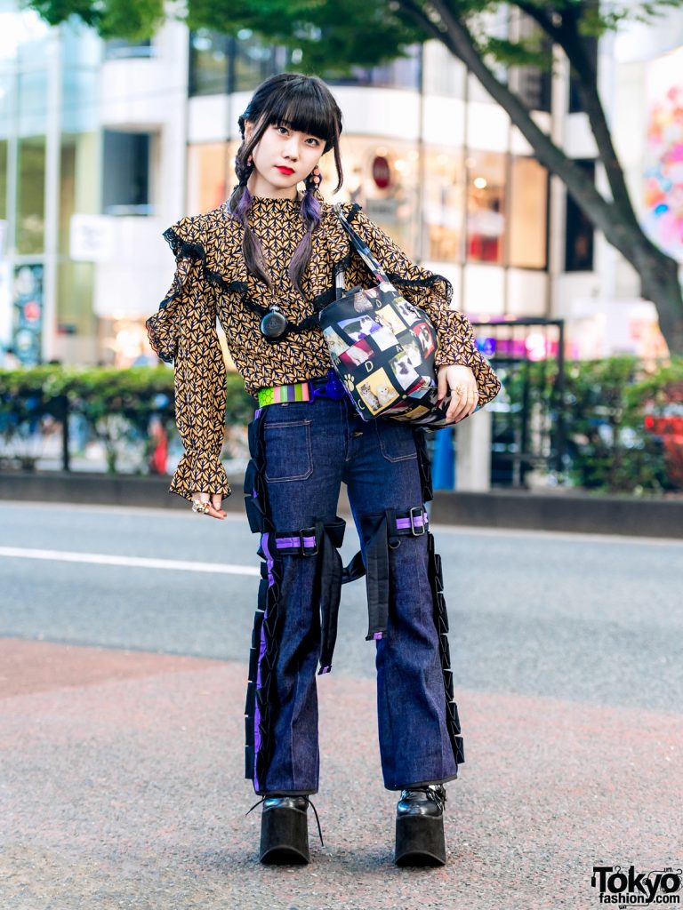 Harajuku Girl in Strap Pants, Vintage Blouse, Yosuke Platform Shoes ...