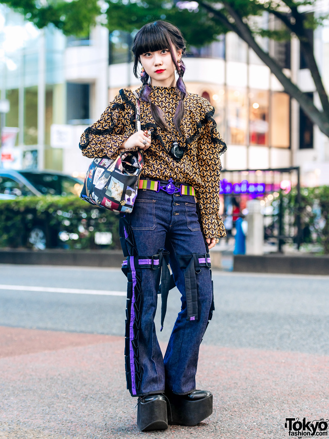 Harajuku Girl in Strap Pants, Vintage Blouse, Yosuke Platform Shoes & Vivienne Westwood Accessories