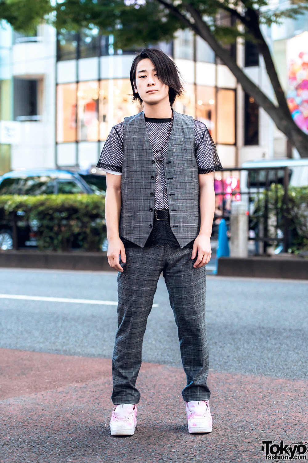 Harajuku Guy in Plaid Vest, Mesh Shirt, Plaid Pants & Nike Sneakers