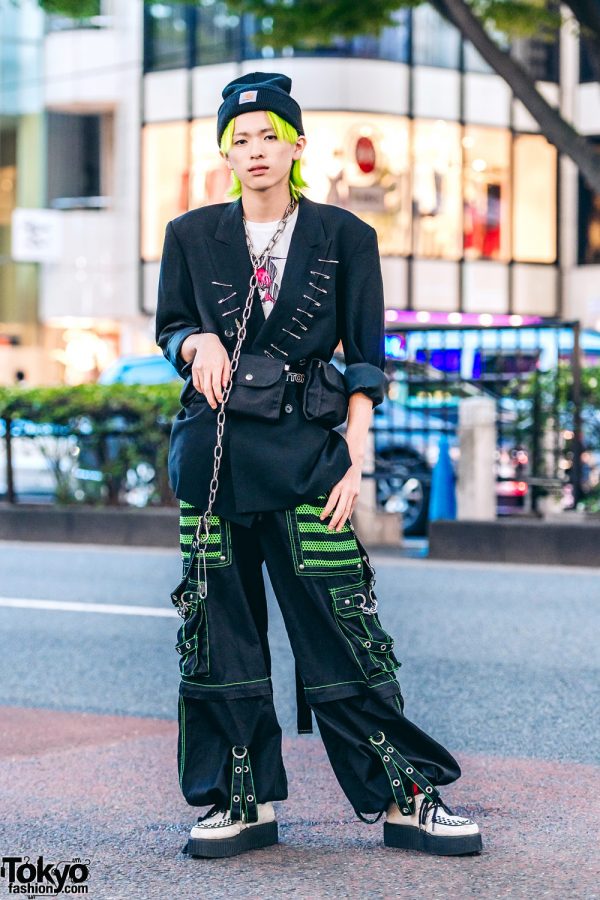 Remake Japanese Streetwear in Harajuku w/ Neon Hair, Vintage Blazer, Strap Pants, Demonia Creepers, Basic Cotton Bag & Carhartt Beanie