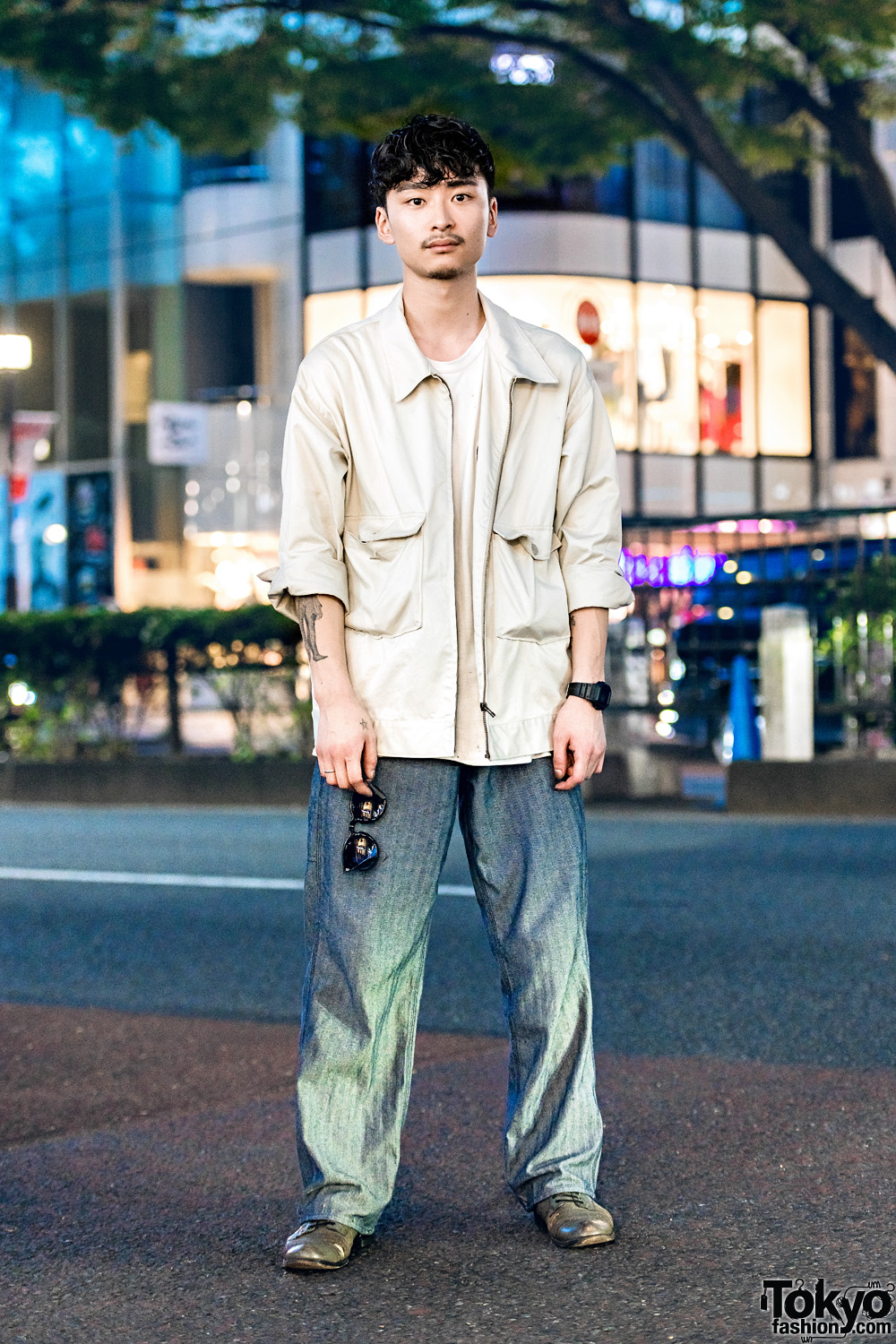 Japanese Hair Stylist in Casual Minimalist Menswear Fashion w/ Journal Standard Parka & Chevron Patterned Pants, Plain White Tee & Vintage Lace-Up Loafers