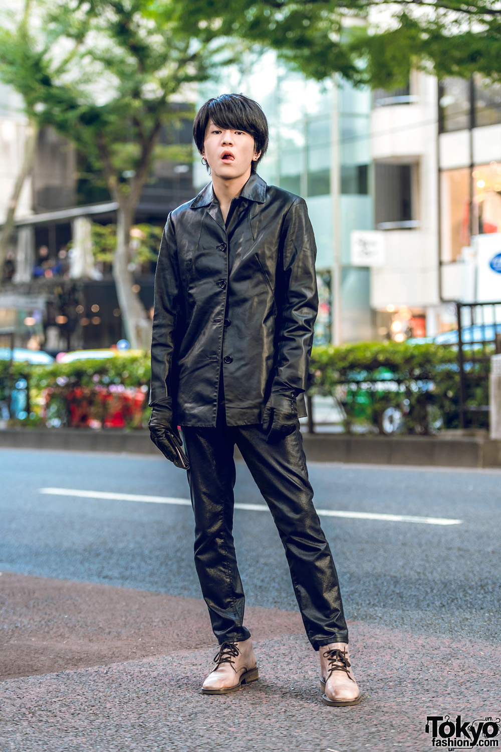 Harajuku Black Leather Street Style w/ Button Down Jacket, John Lawrence Sullivan Pants, Dries Van Noten Boots & Leather gloves