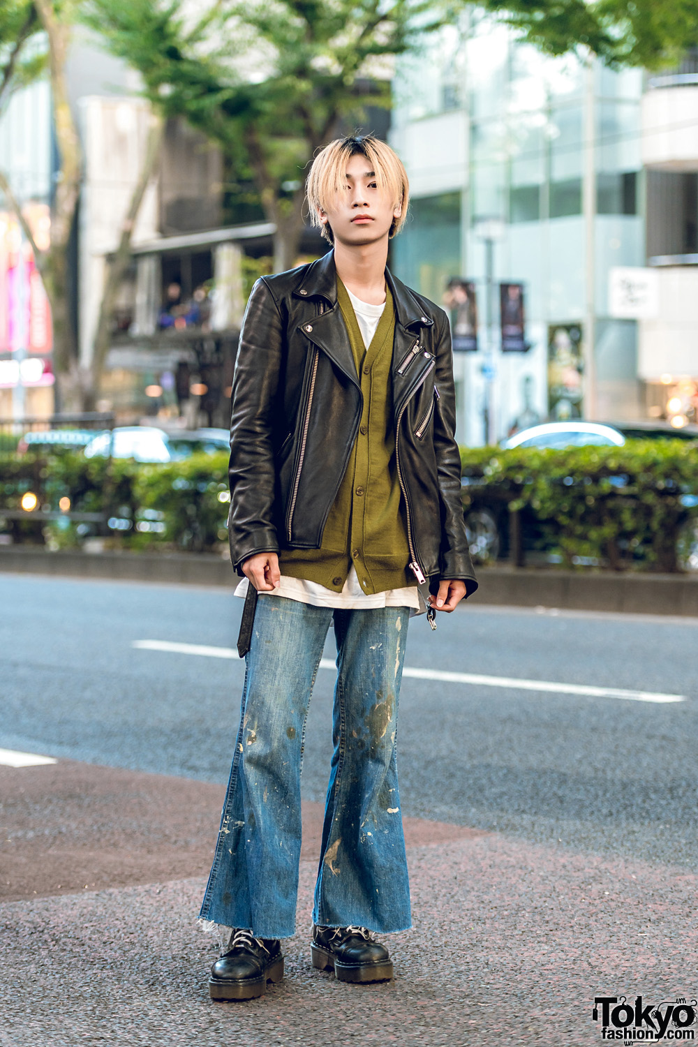Cyber Dyne Leather Jacket, Allege Top, Levi’s Flared Jeans & Dr. Martens Shoes in Harajuku