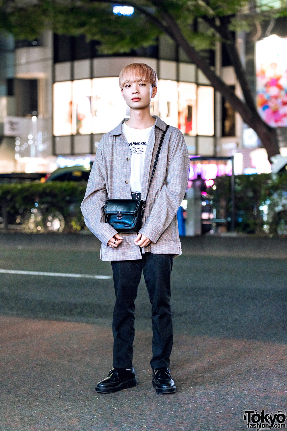 Harajuku Guy w/ Beep Plaid Top, Love And Kiss Shirt, Acne Studios Pants & Vintage Bag