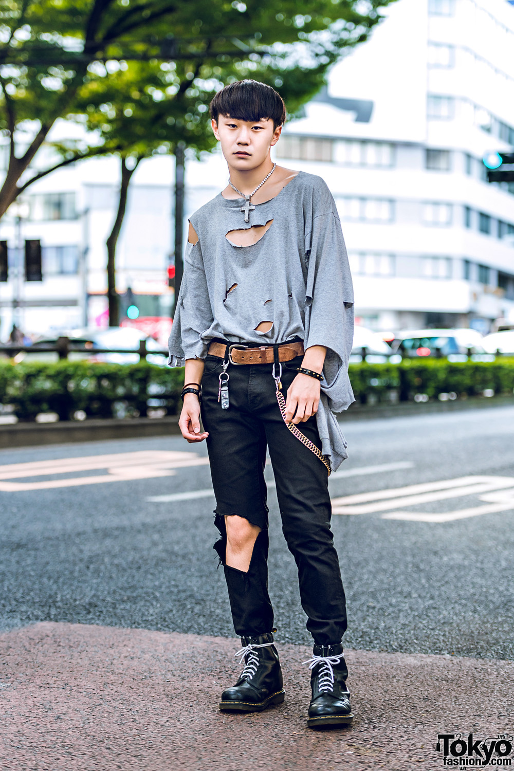 Distressed Japanese Street Style w/ Ripped Sweatshirt, Cut Out Pants, Dr. Martens Boots & Rhinestone Cross Necklace