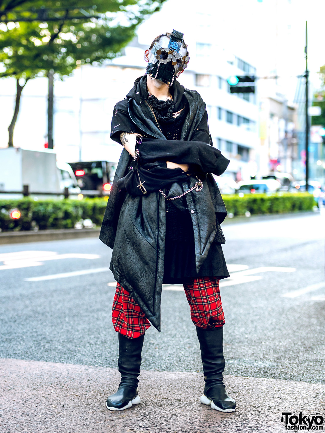Fashion Designer TKM@freedom in Harajuku Street Style w/ Coin Sunglasses, Chained Face Mask, Vintage Vest, Rowan Hoodie, Hikari Onozaki & Rick Owens Footwear