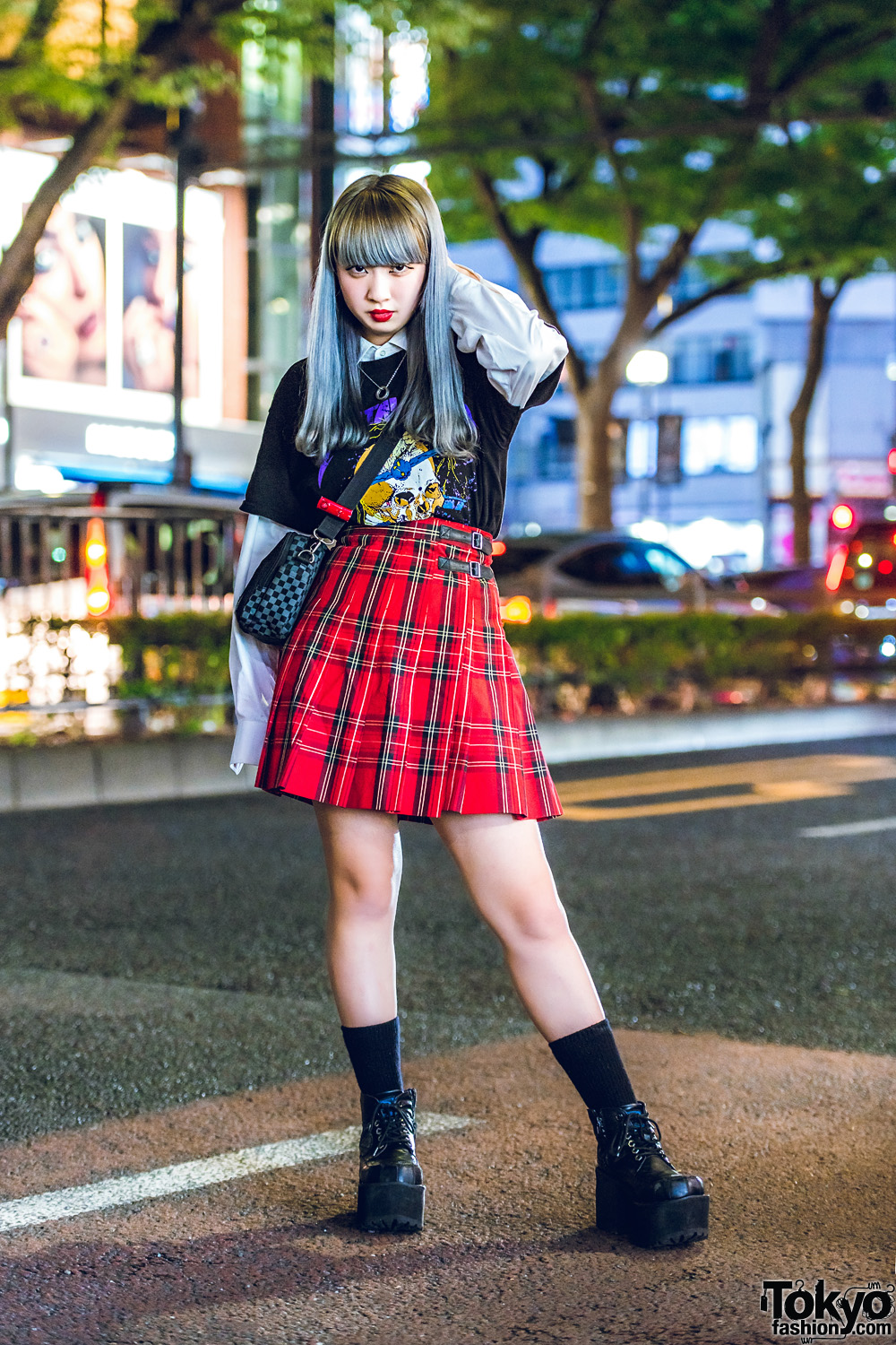 Harajuku Girl in Plaid Skirt, Metallica T-Shirt, Platform Shoes & Crossbody Bag