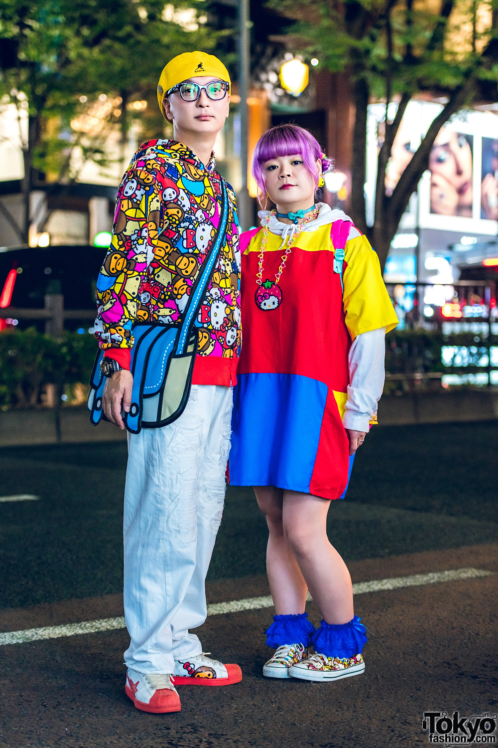 Japanese Couple Street Style w/ A Bathing Ape x Sanrio Character Prints, RNA Media, Zetsumetsu Kigushu Colorblock Dress, JanSport, 6%DokiDoki & Jump From Paper Crossbody Bag
