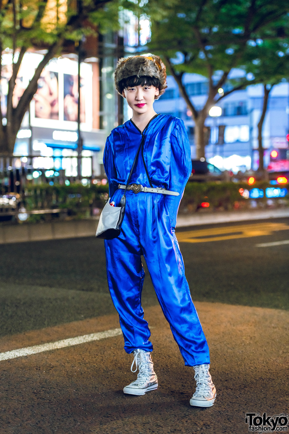 Faux Fur Hat & Electric Blue Jumpsuit Harajuku Vintage Street Style