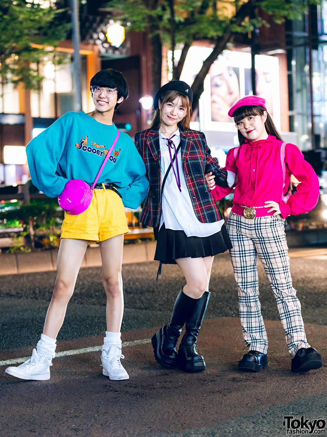 Colorful Harajuku Street Styles w/ Scooby Doo Sweater, Funktique Tokyo Plaid, Ruffle Blouse, Kiki2 Hello Kitty Backpack & Demonia Shoes
